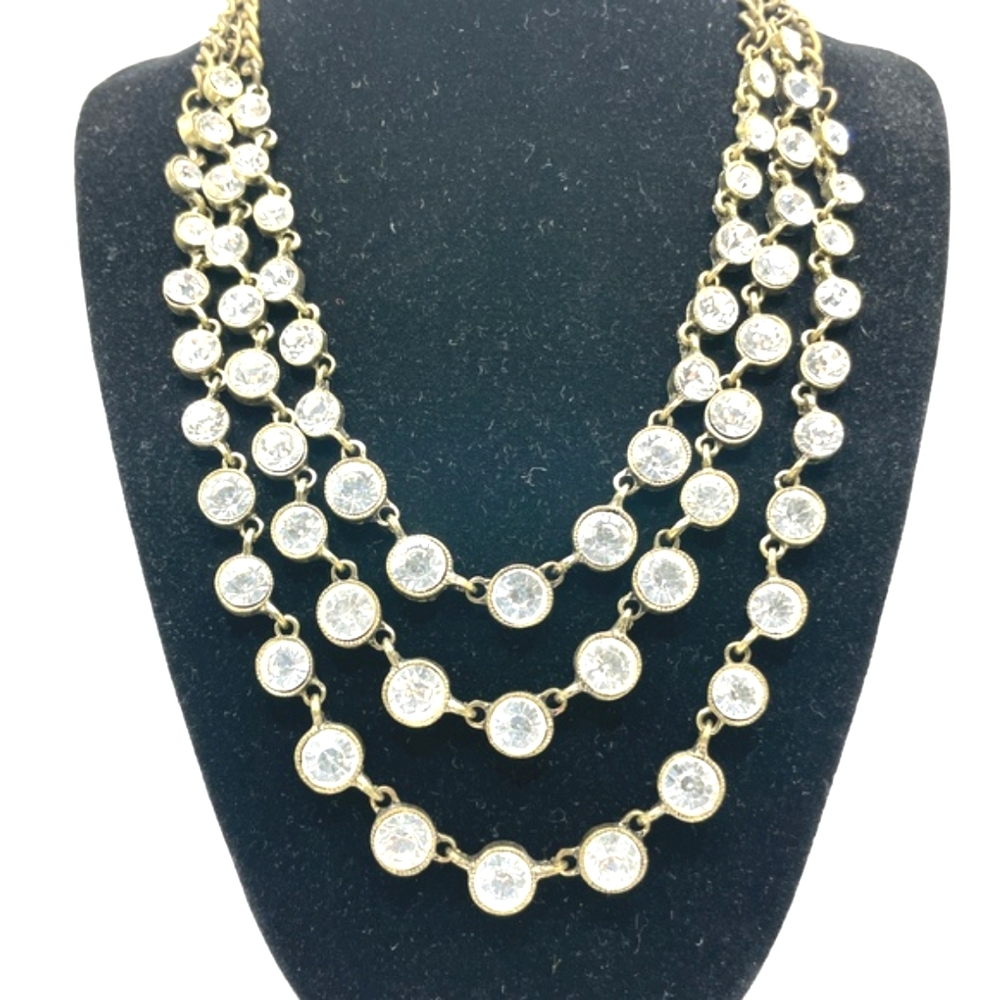 Brass Clear Rhinestone Triple Strand Chain Statement Necklace